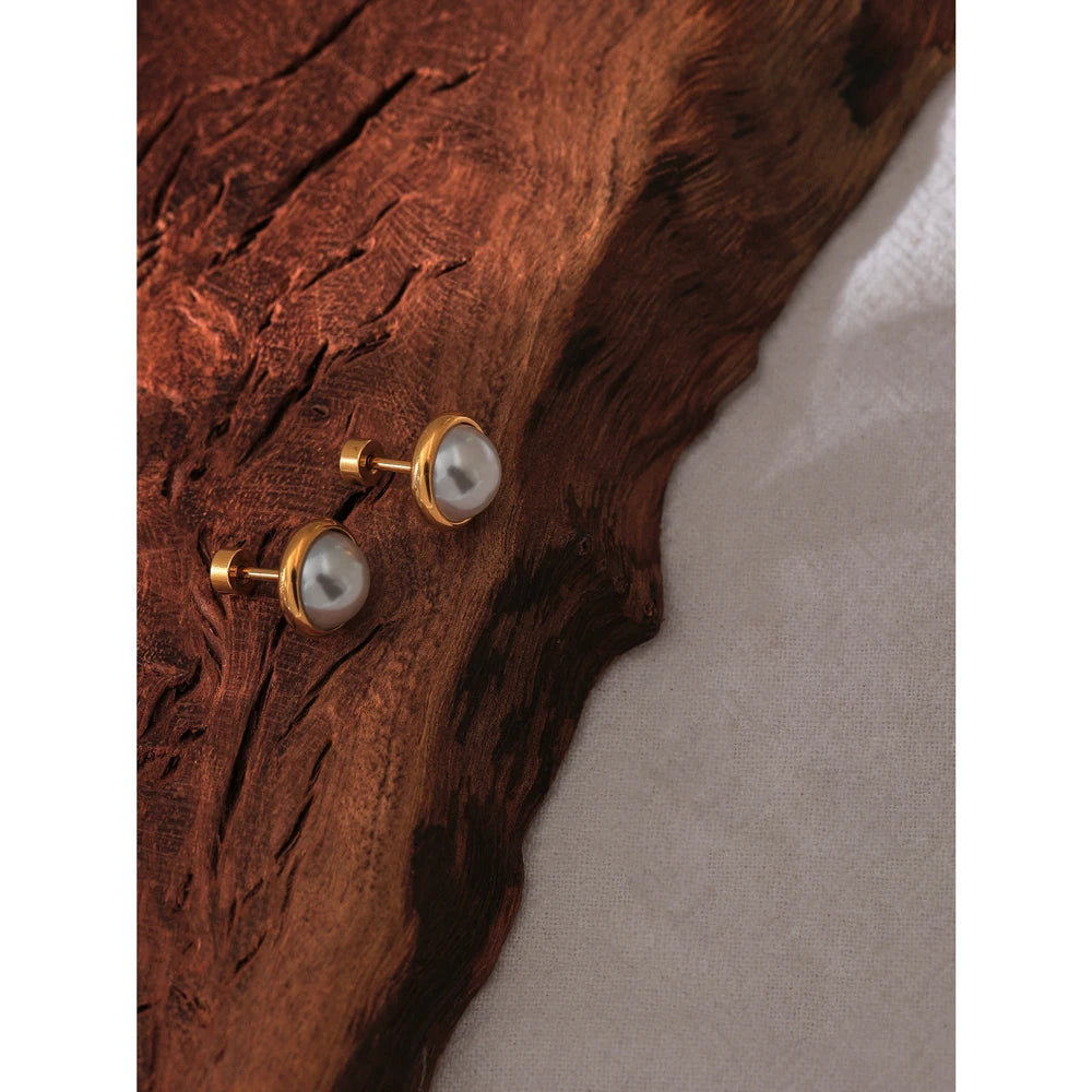 Yhpup imitação de pérolas parafuso-back brincos na moda jóias de aço inoxidável geométrico 18 k banhado charme para presente de gala feminino