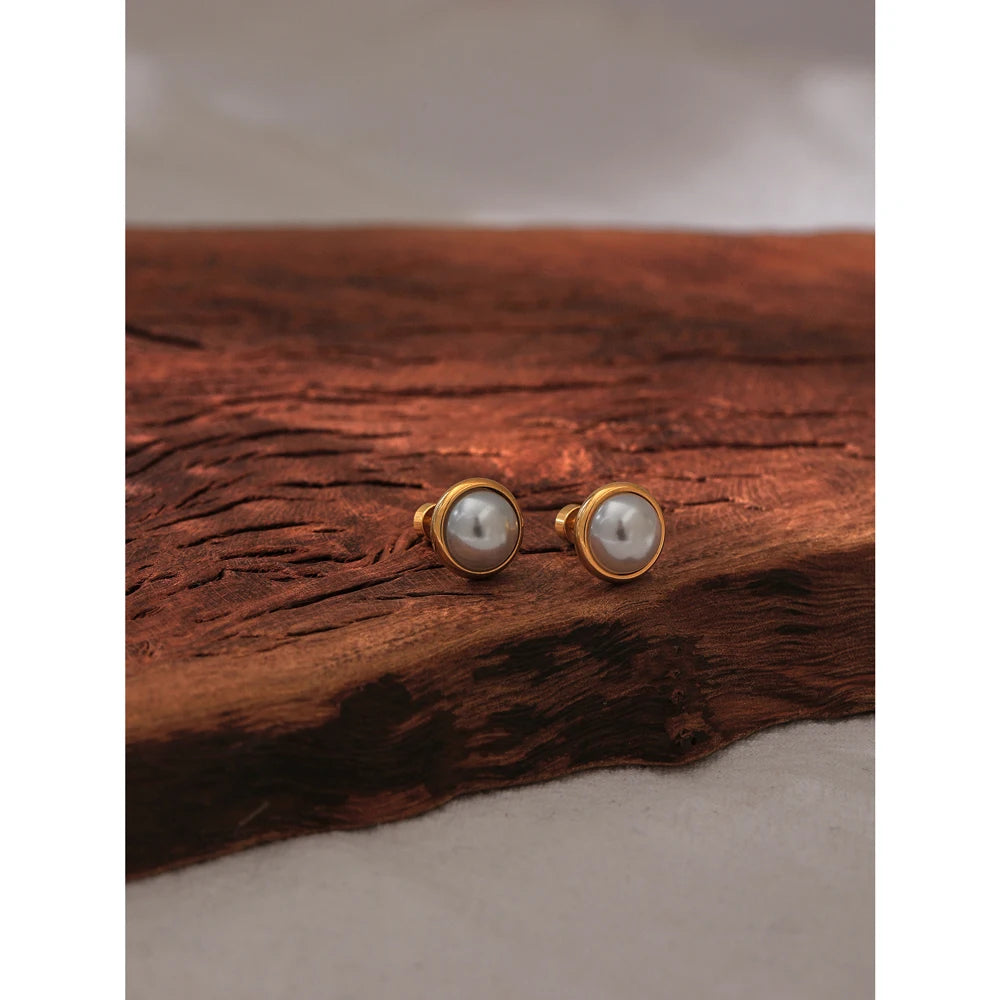 Yhpup imitação de pérolas parafuso-back brincos na moda jóias de aço inoxidável geométrico 18 k banhado charme para presente de gala feminino