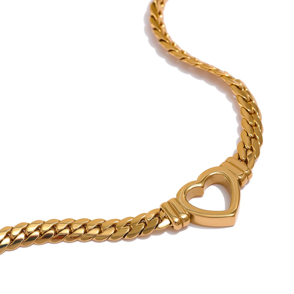 Yhpup coração corrente colar de aço inoxidável para mulheres moda textura de metal colar plano à prova dwaterproof água presente namorada