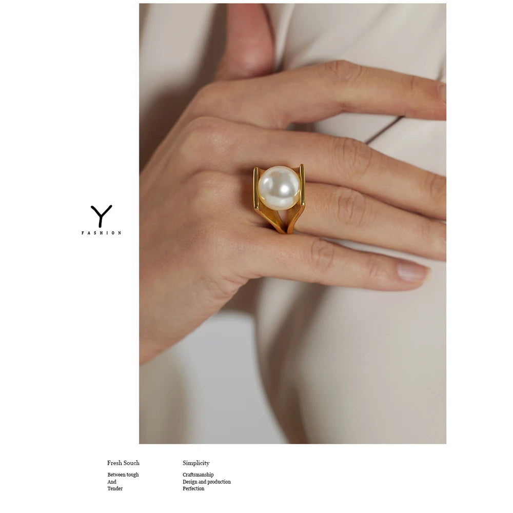 Yhpup novas jóias de aço inoxidável elegante imitação de pérolas anel para mulheres na moda anel de noivado de metal dourado bijoux femme presente