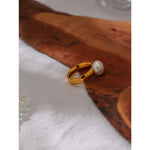 Yhpup elegante concha pérola anel moda ouro aço inoxidável textura de metal 18 k banhado geométrico charme jóias feminino noivado