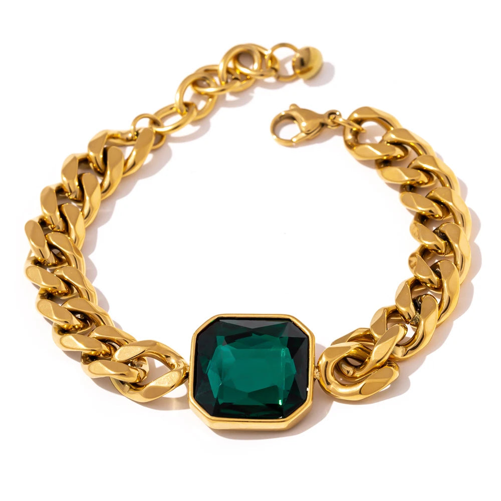 Yhpup verde cristal aço inoxidável ouro pulseiras bangle para mulher hip hop grosso chain18 k chapeado punk moda pulseiras novo