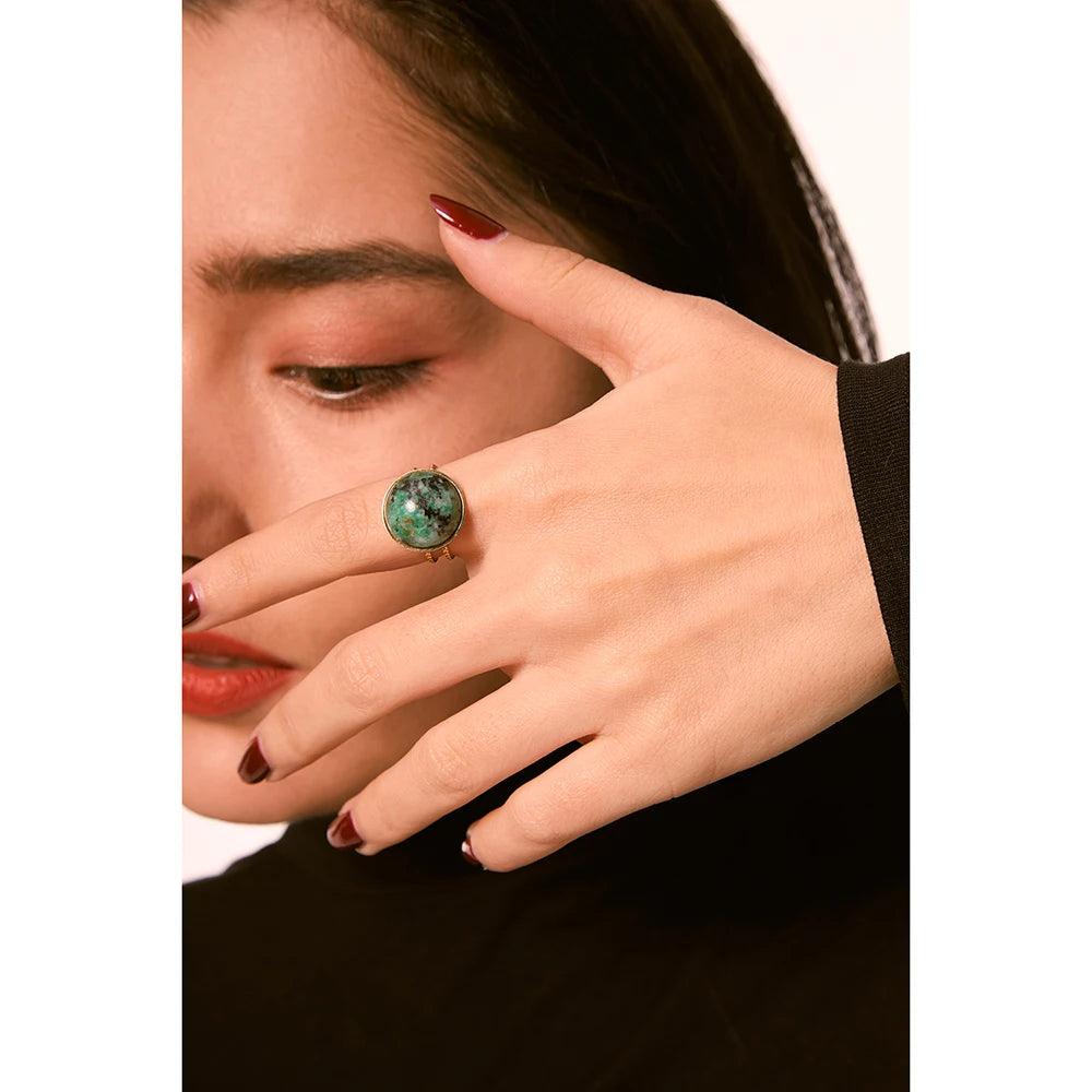 Yhpup temperamento verde pedra natural abertura anéis para mulheres de aço inoxidável punk jóias declaração anel de metal anillos mujer