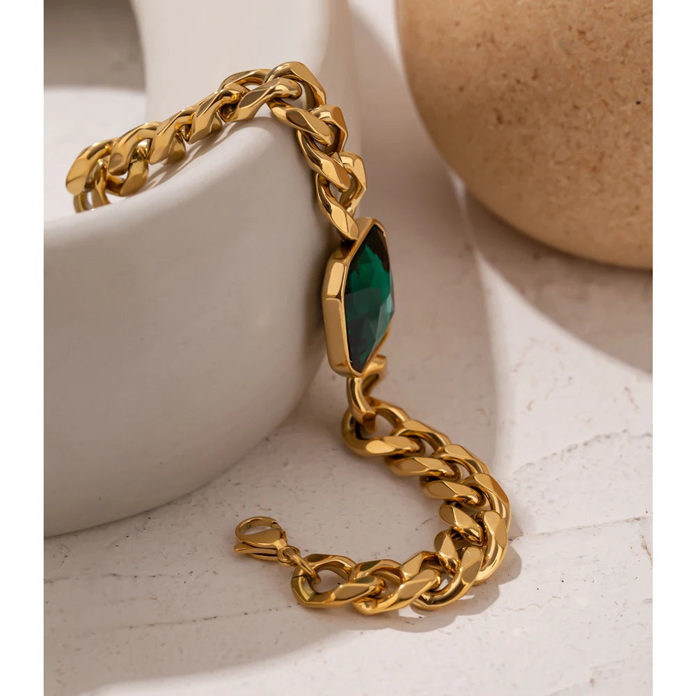 Yhpup verde cristal aço inoxidável ouro pulseiras bangle para mulher hip hop grosso chain18 k chapeado punk moda pulseiras novo