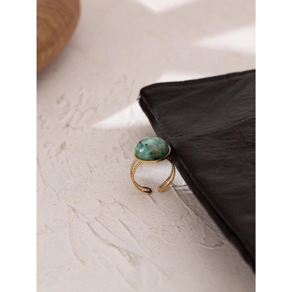 Yhpup temperamento verde pedra natural abertura anéis para mulheres de aço inoxidável punk jóias declaração anel de metal anillos mujer