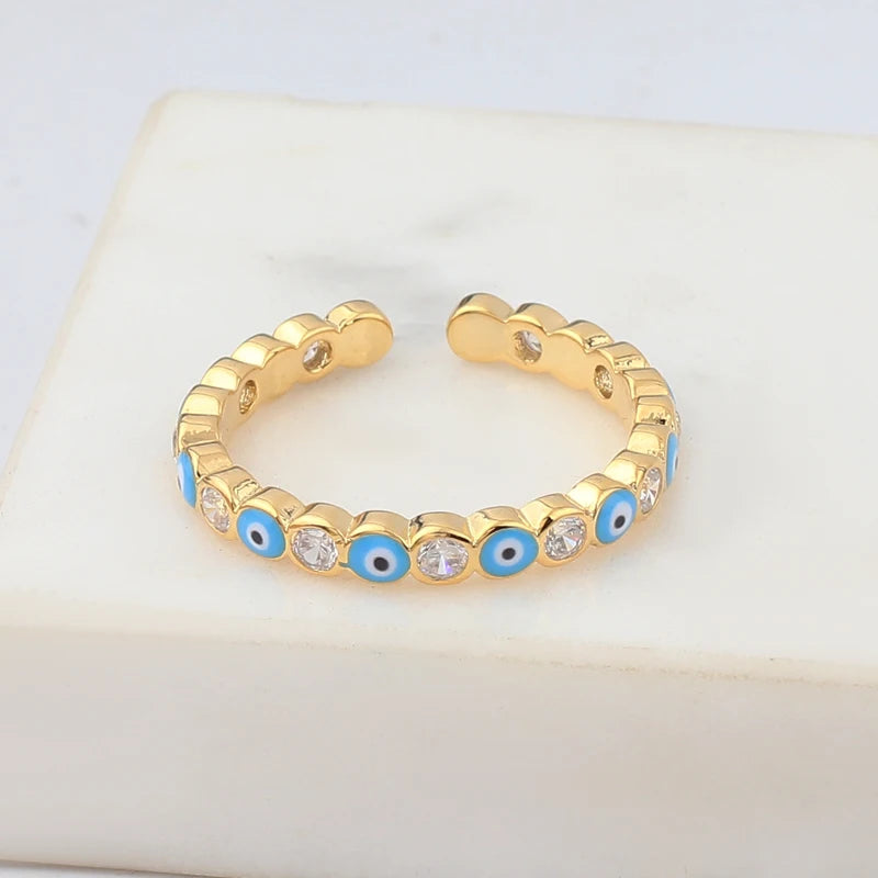 Lucky Eye Azul Turco Evil Eye Anel Aberto Cobre Cor Dourada Anéis de Dedo Ajustáveis para Mulheres Meninas Homens Moda Jóias