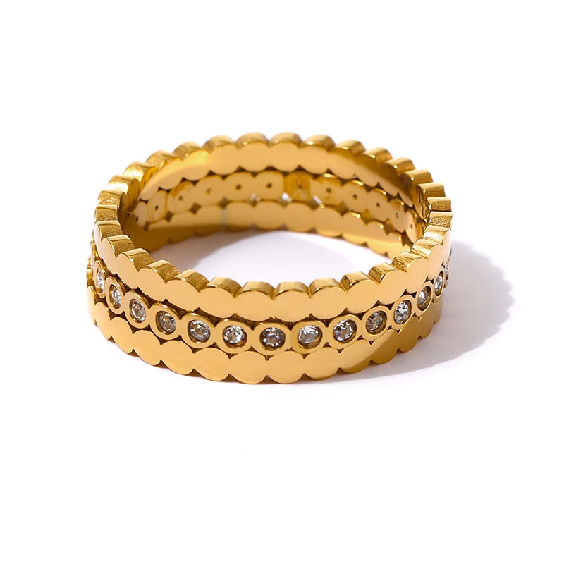 Yhpup requintado bling zircônia cúbica anel redondo 316l aço inoxidável feminino jóias temperamento anel de casamento anillos mujer presente