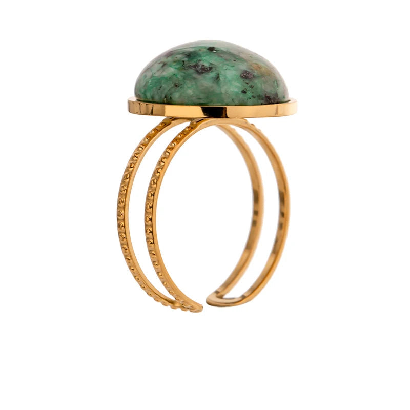 Yhpup temperamento verde pedra natural abertura anéis para mulheres de aço inoxidável punk jóias declaração anel de metal anillos mujer