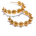 Yhpup brincos de argola redondos de aço inoxidável, flor, moda dourada, metal, textura de marca, joias, presente de festa, à prova d'água, mulheres