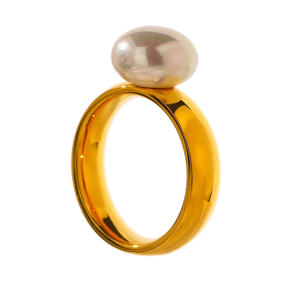 Yhpup elegante concha pérola anel moda ouro aço inoxidável textura de metal 18 k banhado geométrico charme jóias feminino noivado