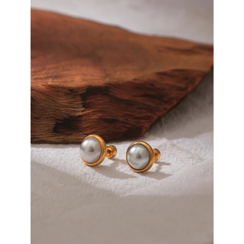 Yhpup imitação de pérolas parafuso-back brincos na moda jóias de aço inoxidável geométrico 18 k banhado charme para presente de gala feminino