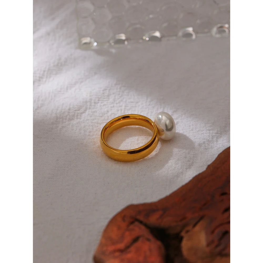 Yhpup elegante concha pérola anel moda ouro aço inoxidável textura de metal 18 k banhado geométrico charme jóias feminino noivado