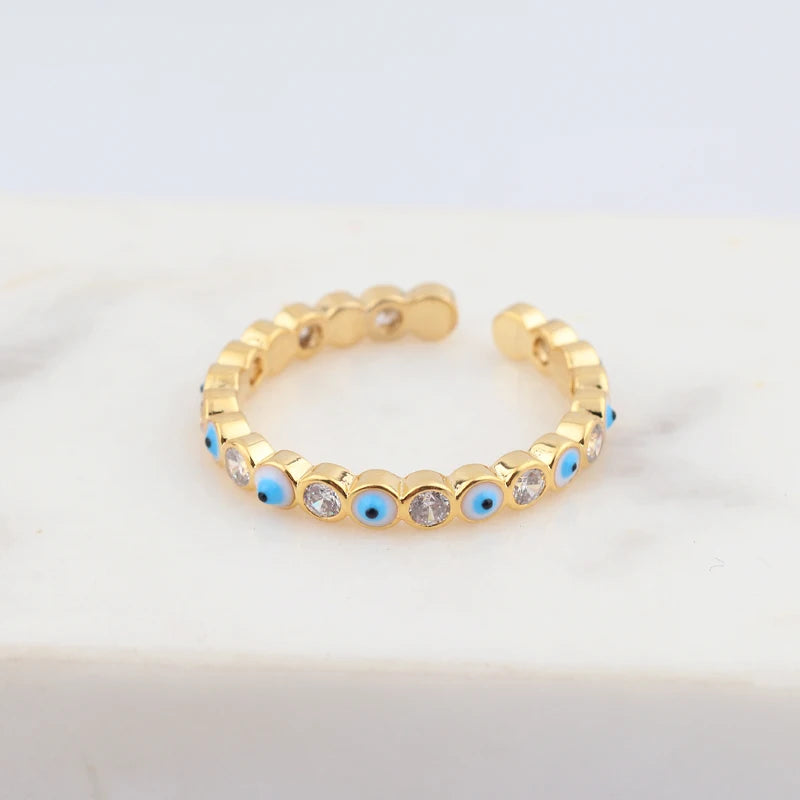 Lucky Eye Azul Turco Evil Eye Anel Aberto Cobre Cor Dourada Anéis de Dedo Ajustáveis para Mulheres Meninas Homens Moda Jóias