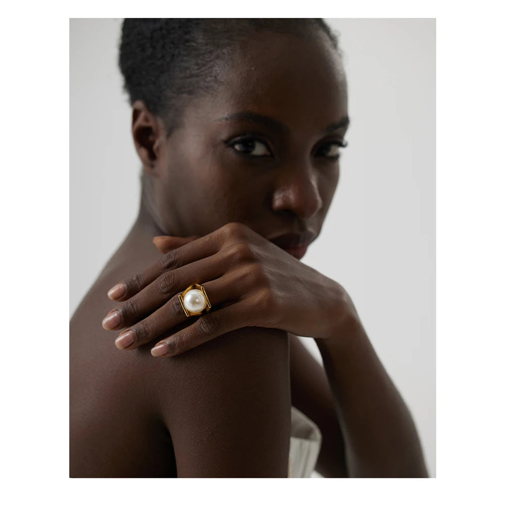 Yhpup novas jóias de aço inoxidável elegante imitação de pérolas anel para mulheres na moda anel de noivado de metal dourado bijoux femme presente