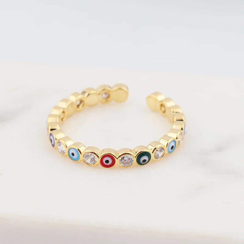 Lucky Eye Azul Turco Evil Eye Anel Aberto Cobre Cor Dourada Anéis de Dedo Ajustáveis para Mulheres Meninas Homens Moda Jóias