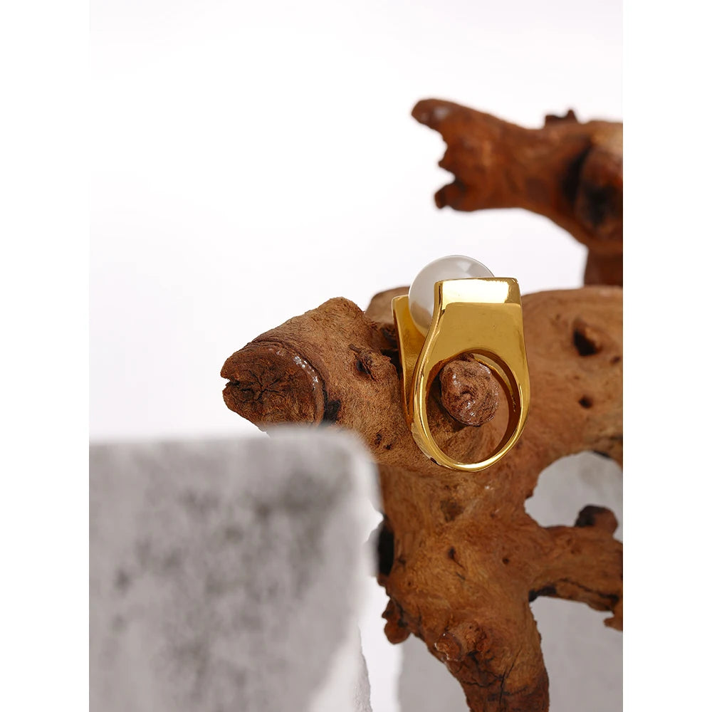 Yhpup novas jóias de aço inoxidável elegante imitação de pérolas anel para mulheres na moda anel de noivado de metal dourado bijoux femme presente