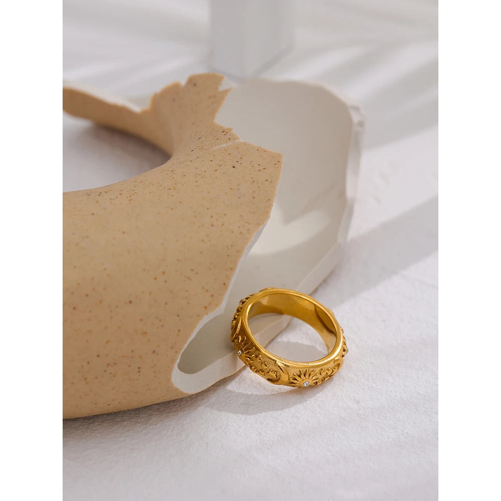 Yhpup sol estrela lua anel de aço inoxidável jóias elegante metal celestial feminino anel joyería acero inoxidável mujer presente novo