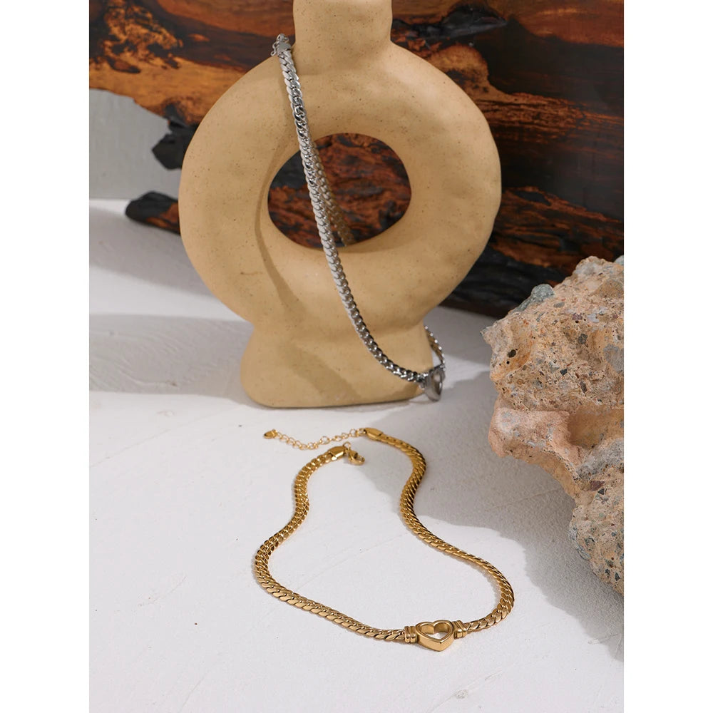 Yhpup coração corrente colar de aço inoxidável para mulheres moda textura de metal colar plano à prova dwaterproof água presente namorada
