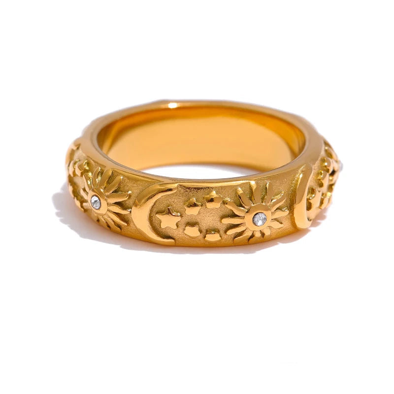 Yhpup sol estrela lua anel de aço inoxidável jóias elegante metal celestial feminino anel joyería acero inoxidável mujer presente novo
