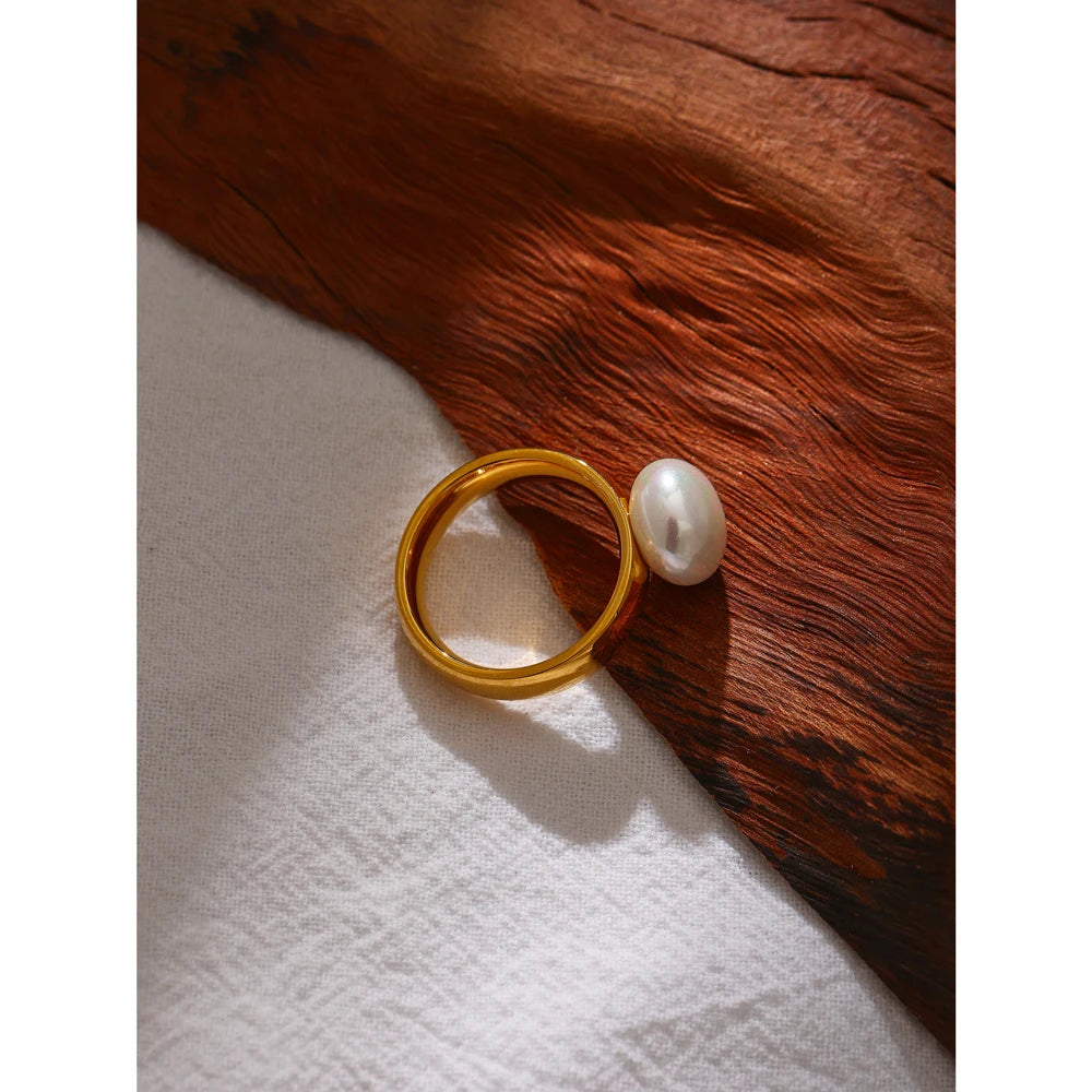 Yhpup elegante concha pérola anel moda ouro aço inoxidável textura de metal 18 k banhado geométrico charme jóias feminino noivado