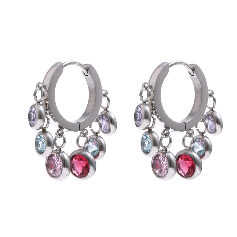 Yhpup Brincos de argola coloridos de zircônia cúbica de aço inoxidável para mulheres, brincos geométricos de textura de metal da moda requintada, presente