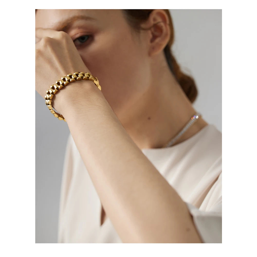 Yhpup pulseira de corrente de aço inoxidável simples 18 k banhado textura de metal pesado joias da moda masculinas bijuterias femininas festa à prova d'água