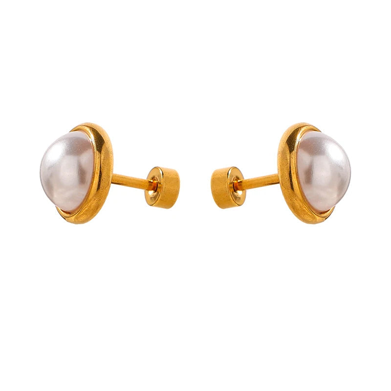Yhpup imitação de pérolas parafuso-back brincos na moda jóias de aço inoxidável geométrico 18 k banhado charme para presente de gala feminino