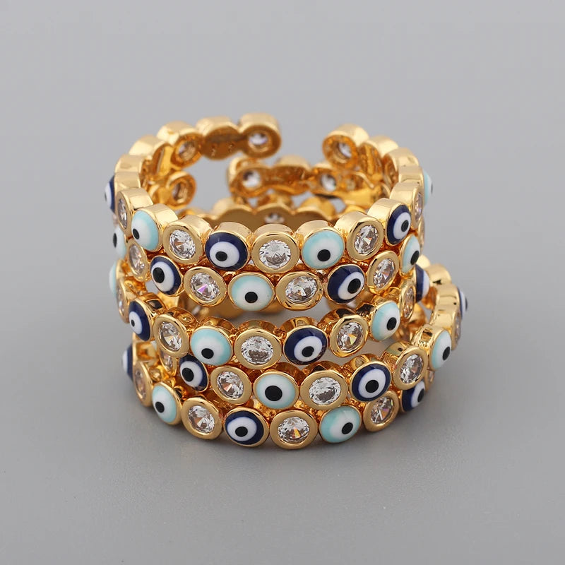 Lucky Eye Azul Turco Evil Eye Anel Aberto Cobre Cor Dourada Anéis de Dedo Ajustáveis para Mulheres Meninas Homens Moda Jóias