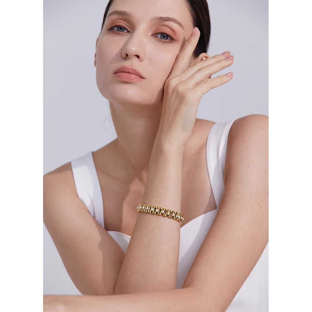 Yhpup 18cm imitação de pérolas de aço inoxidável pvd banhado a ouro grosso corrente cubana charme pulseira moda jóias wome