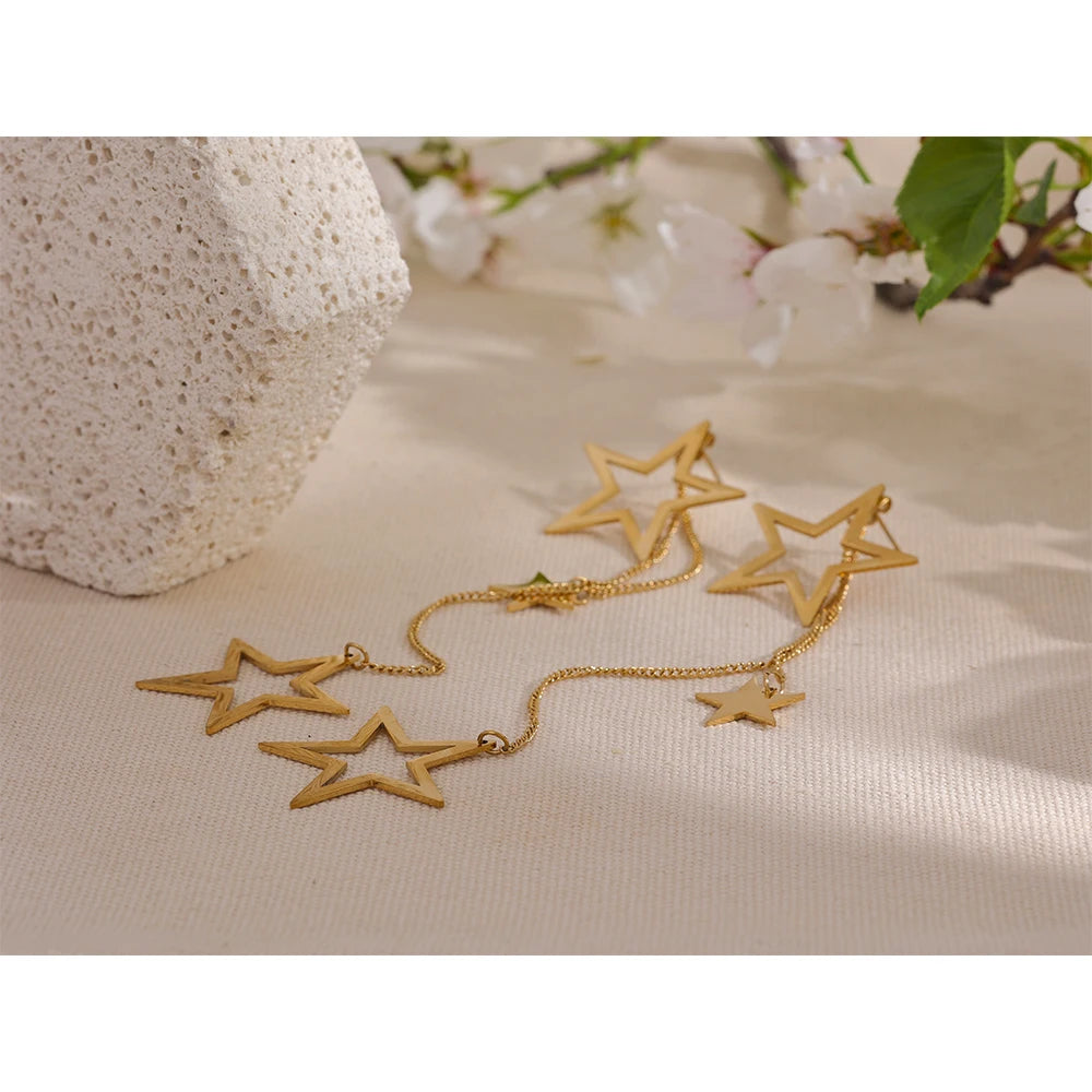 Yhpup moda estrela longa gota balançar brincos de aço inoxidável 18k banhado a ouro à prova dwaterproof água temperamento festa jóias gala