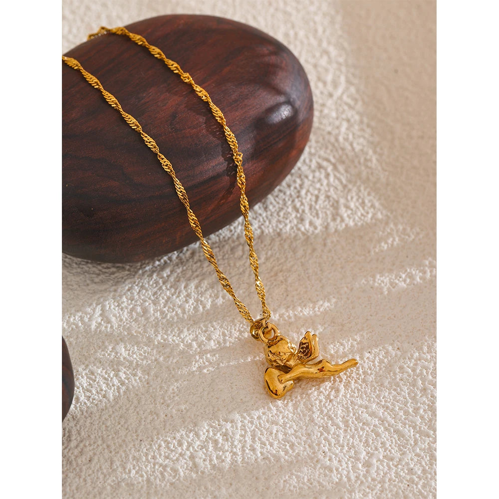 Yhpup-Colar De Pingente De Coração De Anjo, Aço Inoxidável, 18K PVD Banhado, Impermeável, Expressando Amor, Bênção, Jóias Presente, Acessórios
