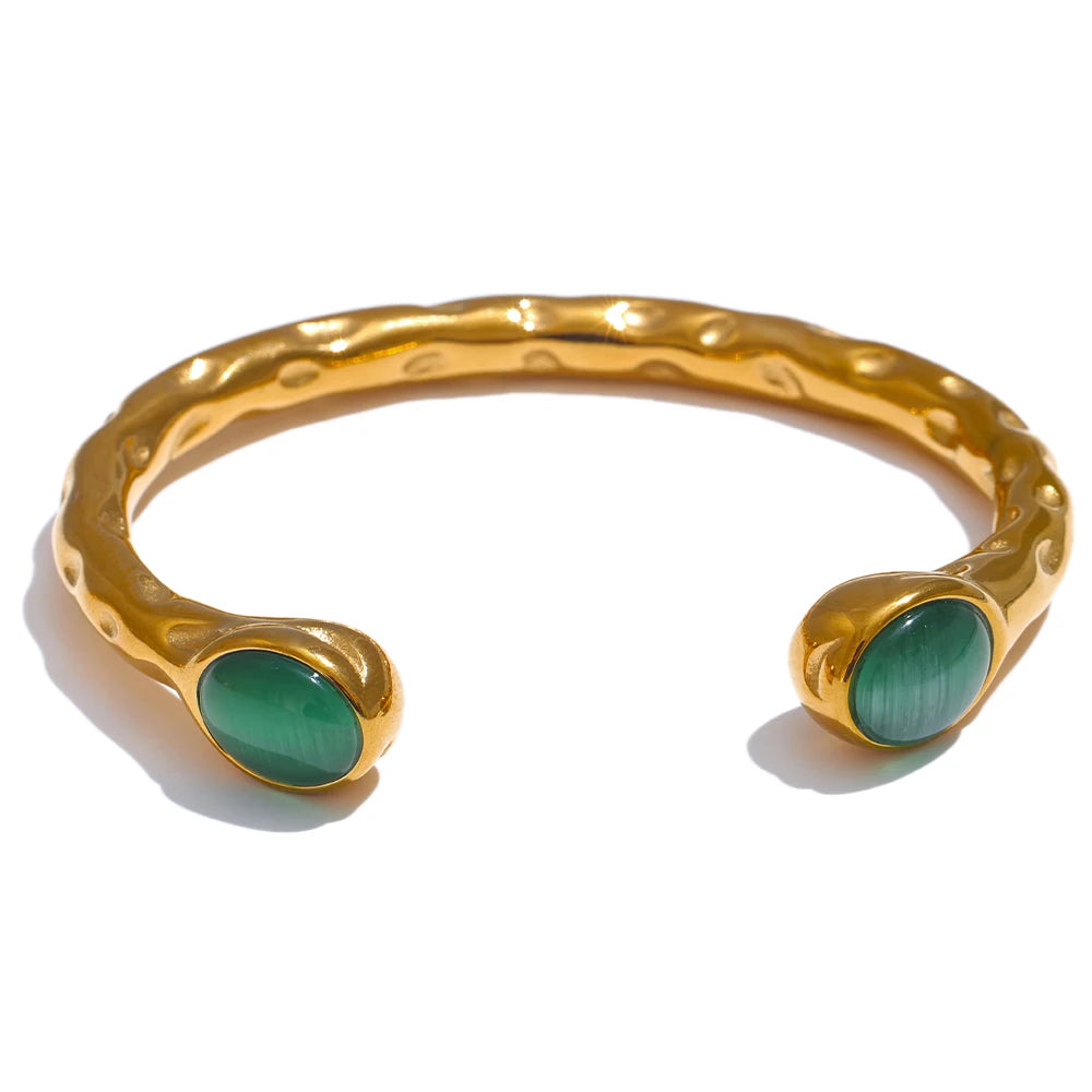 Yhpup 62mm de alta qualidade aço inoxidável multicolorido pedra natural manguito dourado aberto pulseira resistente à água jóias 2024