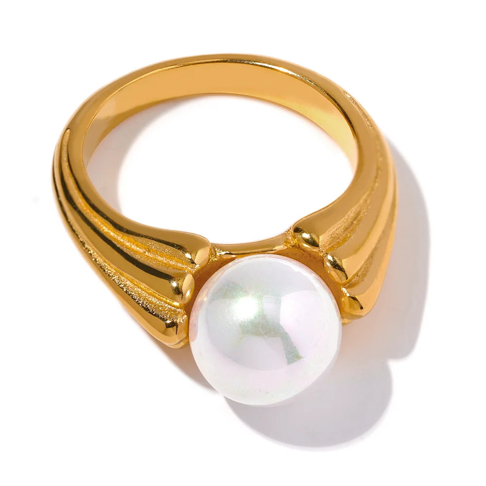 Yhpup anel de pérola de concha de aço inoxidável sem manchas, pingente de cor dourada 18k, joias vintage elegantes para mulheres, presente de gala
