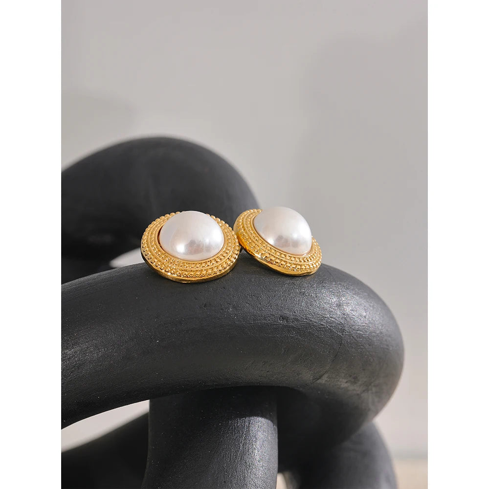 Yhpup coreano imitação de pérolas brincos redondos antialérgicos elegante clássico diário moda ouro & platina pvd banhado jóias