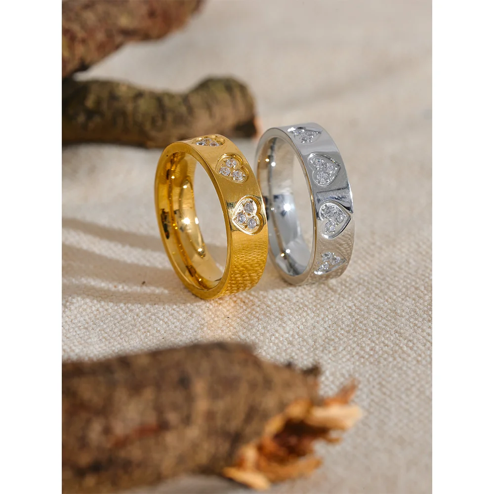 Yhpup requintado zircônia cúbica coração de aço inoxidável redondo moda chique anel ouro prata cor charme dedo bling jóias presente