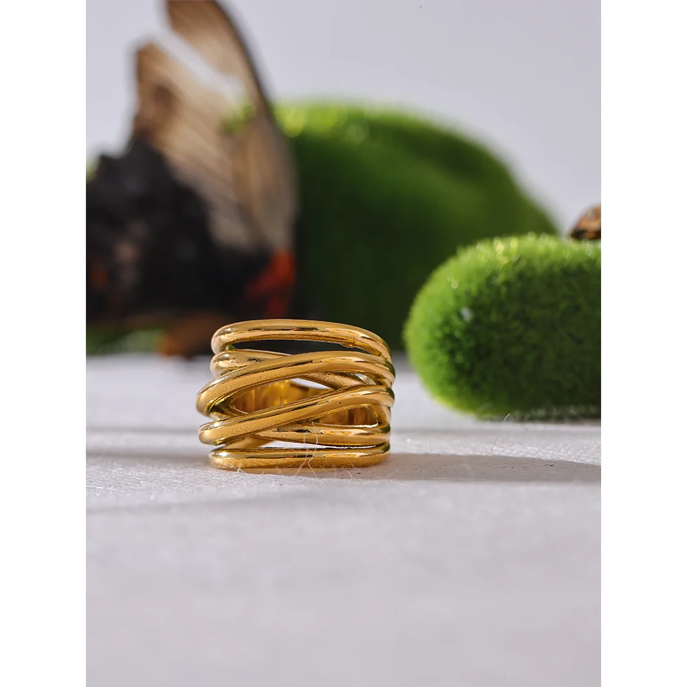 Yhpup Anel largo geométrico dourado de metal banhado a PVD 18K em aço inoxidável na moda cor dourada joias de declaração
