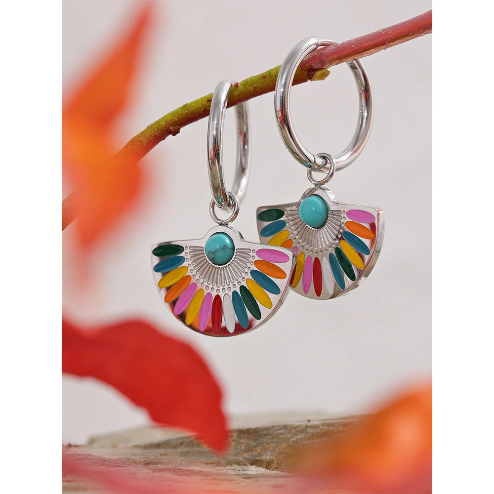 Yhpup y2k colorido esmalte ventilador de aço inoxidável geométrico boêmio arco-íris gota brincos de argola feminino na moda charme jóias
