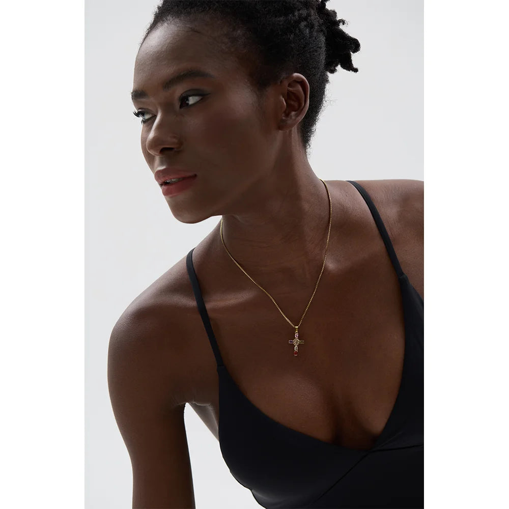 Yhpup delicado colorido bling zircônia cúbica cruz pingente de aço inoxidável colar de luxo de alta qualidade moda brilhante jóias presente