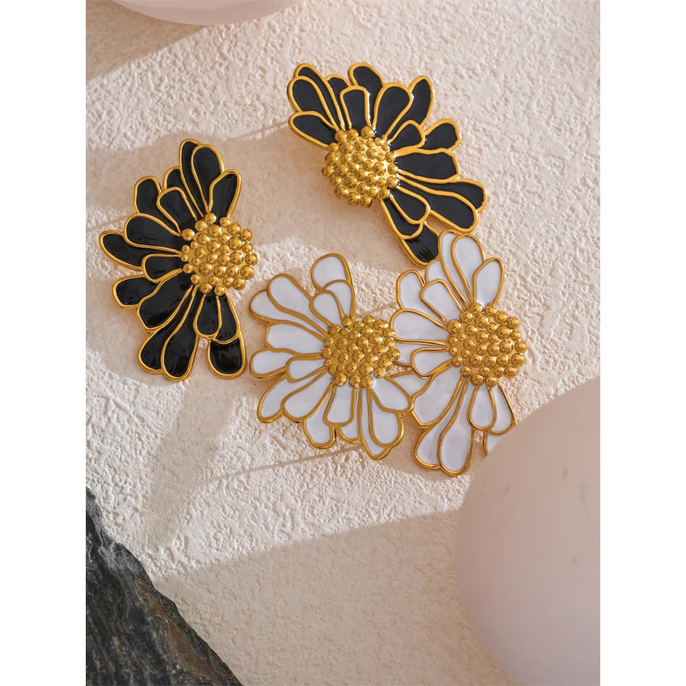 Yhpup grande branco preto esmalte flor declaração moda brincos 18k cor ouro pvd banhado a aço inoxidável jóias presente