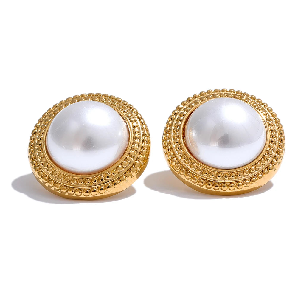 Yhpup coreano imitação de pérolas brincos redondos antialérgicos elegante clássico diário moda ouro & platina pvd banhado jóias