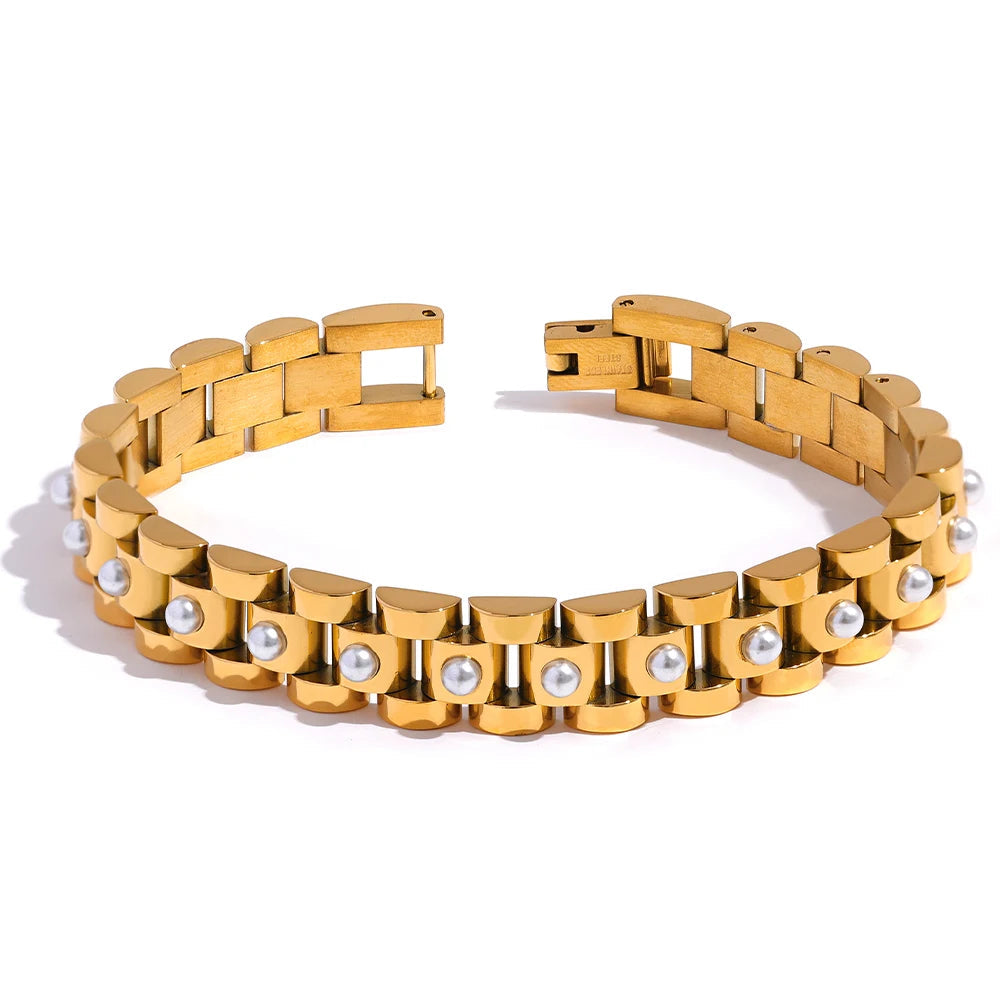 Yhpup 18cm imitação de pérolas de aço inoxidável pvd banhado a ouro grosso corrente cubana charme pulseira moda jóias wome