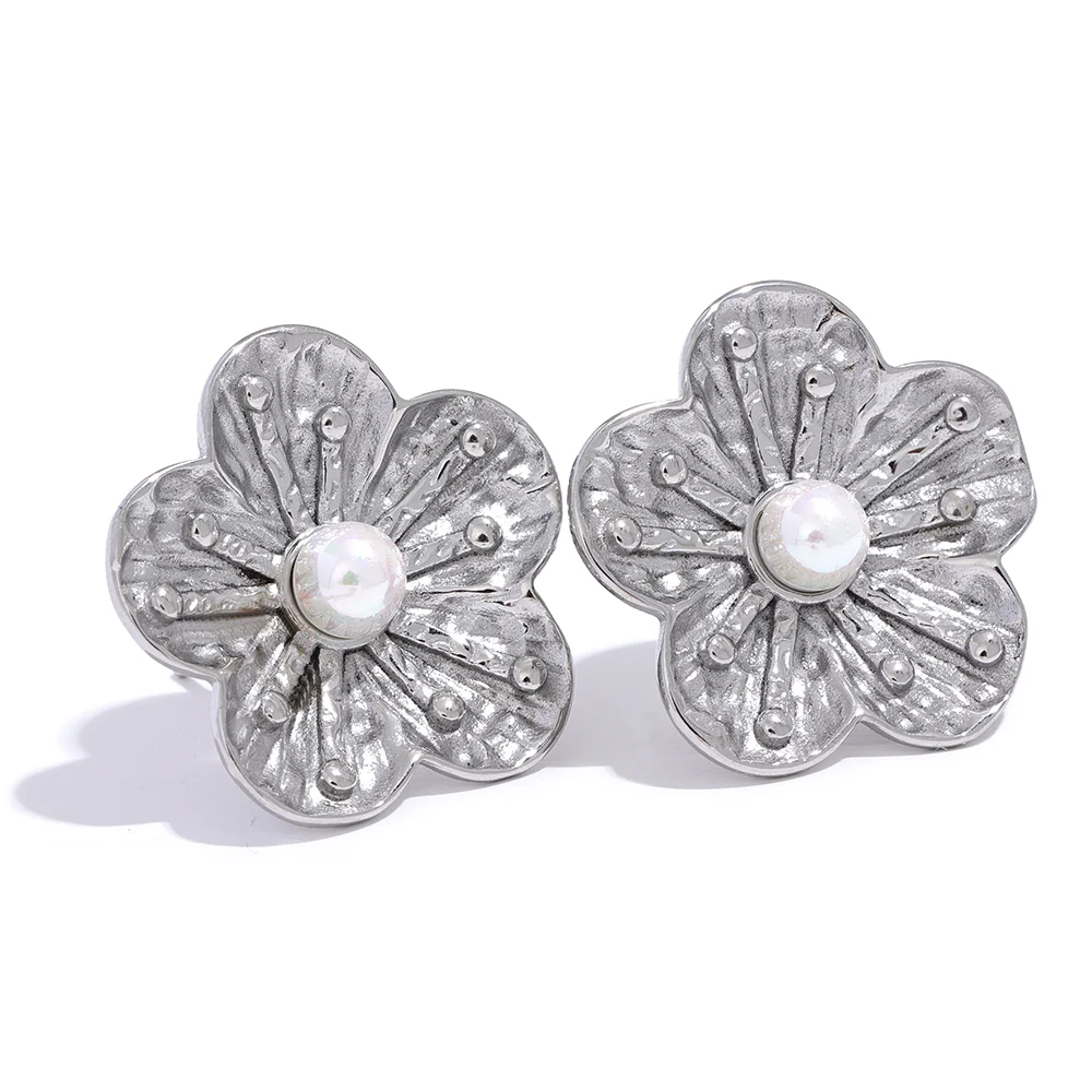 Yhpup moda flor imitação de pérolas brincos de aço inoxidável à prova d' água joias femininas 18k pvd banhado elegante bijuterias presente