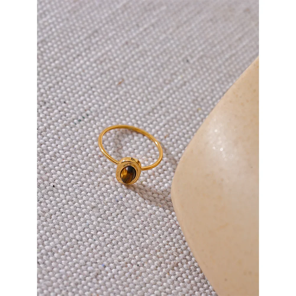 Yhpup moda pedra natural aço inoxidável oval fino chique anel feminino 18k pvd banhado à prova dwaterproof água jóias acessórios 2024 presente