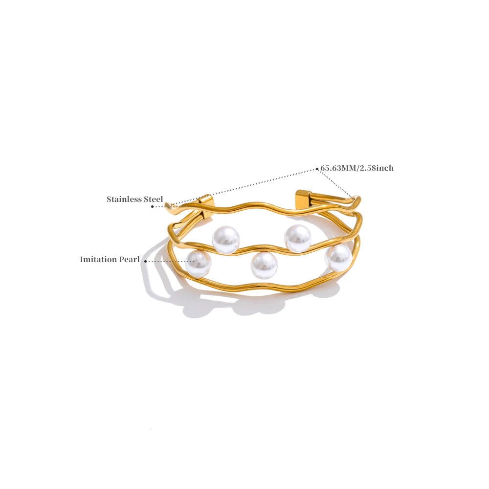Yhpup 65mm elegância simulada pérolas em camadas oco manguito pulseira 18k cor de ouro aço inoxidável chique jóias de pulso