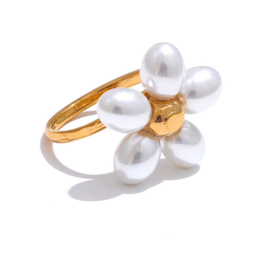 Yhpup elegante imitação de pérolas flor dourada ajustável chique anel para mulheres moda dedo joias exclusivas