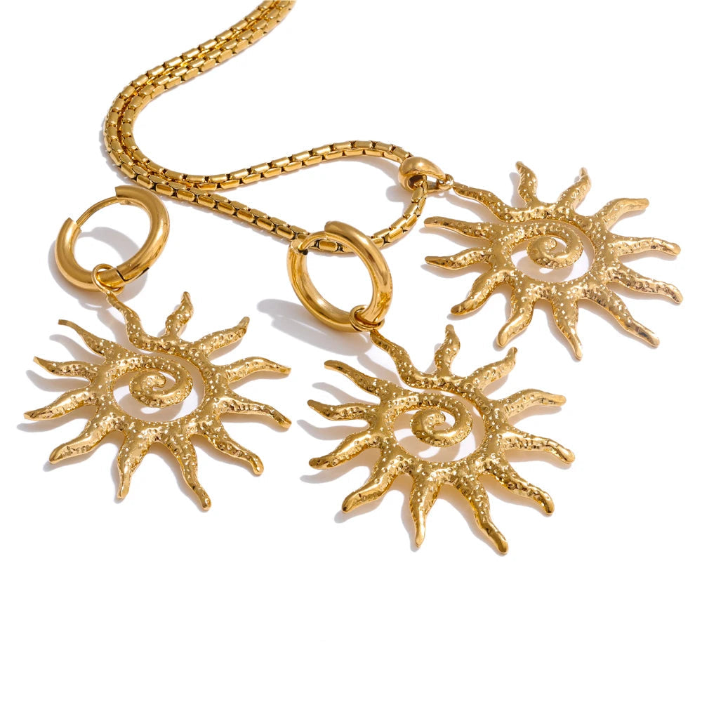 Yhpup novo popular aço inoxidável sol gota colar brincos de argola para mulheres mancha resistente charme conjunto jóias acessórios presente