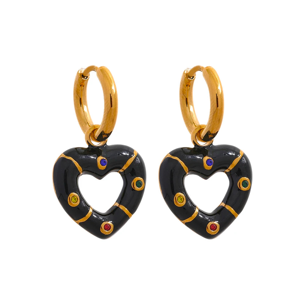Yhpup moda rosa branco preto esmalte coração gota brincos de argola de aço inoxidável alta qualidade zircão charme jóias para presente feminino