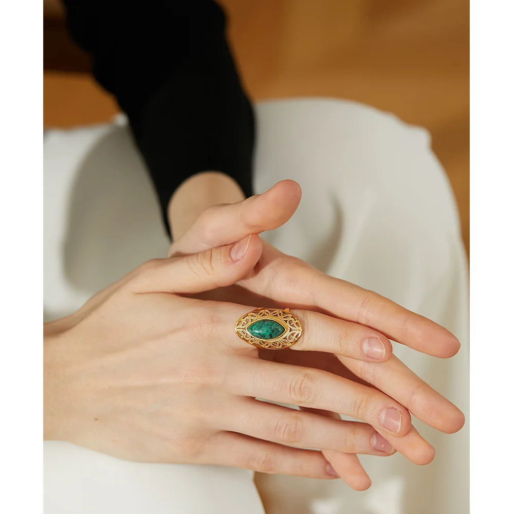 Yhpup vintage verde pedra natural anel aberto de aço inoxidável geométrico cor dourada elegante hiperbólico joias da moda para mulheres