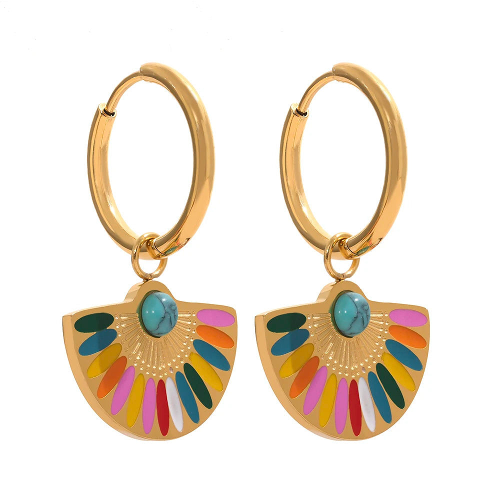 Yhpup y2k colorido esmalte ventilador de aço inoxidável geométrico boêmio arco-íris gota brincos de argola feminino na moda charme jóias