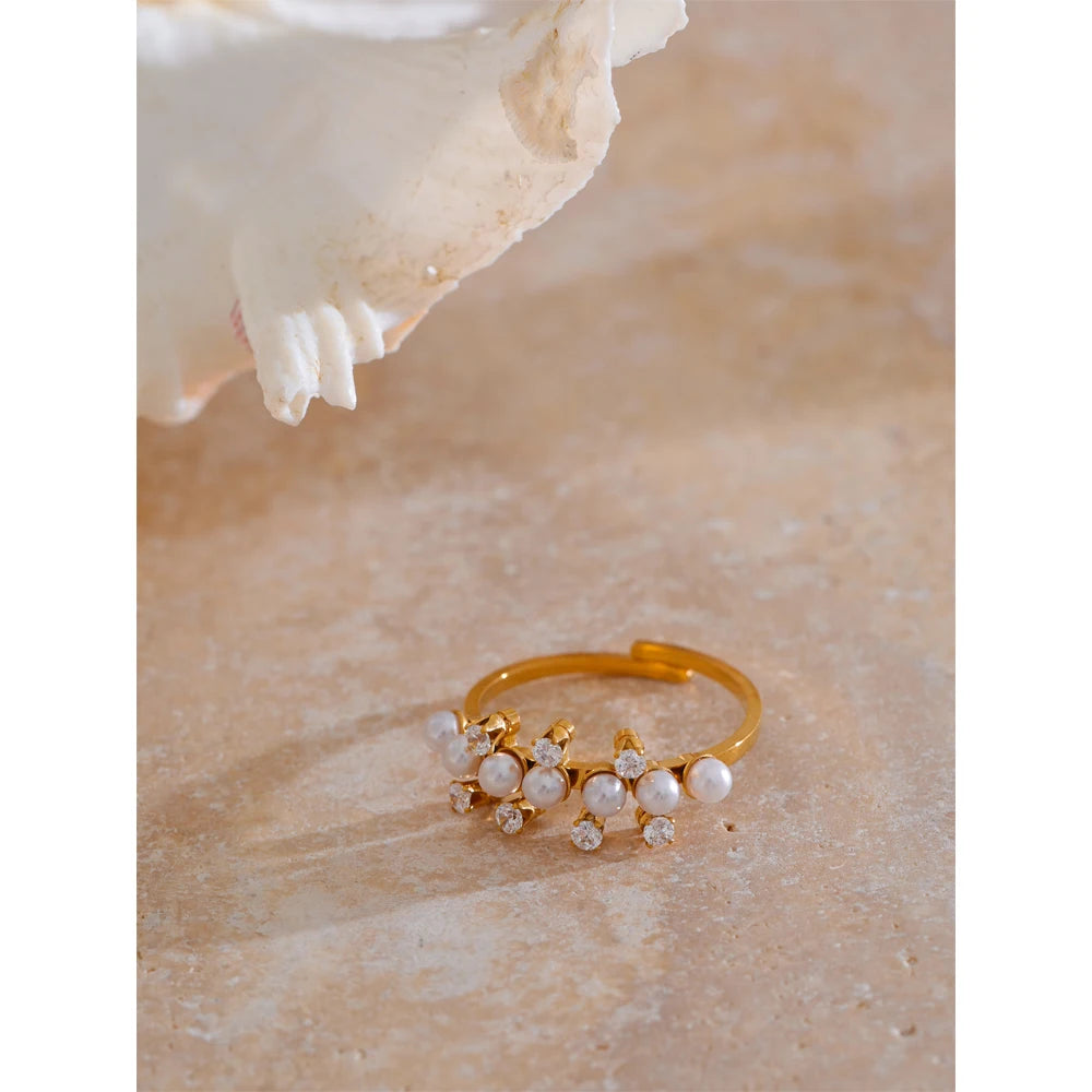 Yhpup delicado moda imitação de pérolas zircônia anel dourado ajustável para mulheres temperamento de aço inoxidável joia diária presente